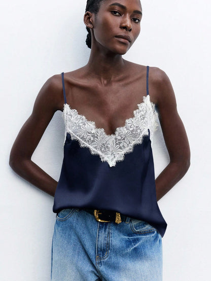 Maija Women's Navy Blue Contrast Lace Cami Top, Elegant Summer Spaghetti Strap V-Neck Loose Cami Night Business Casual Wedding Guest Top Autumn Halloween