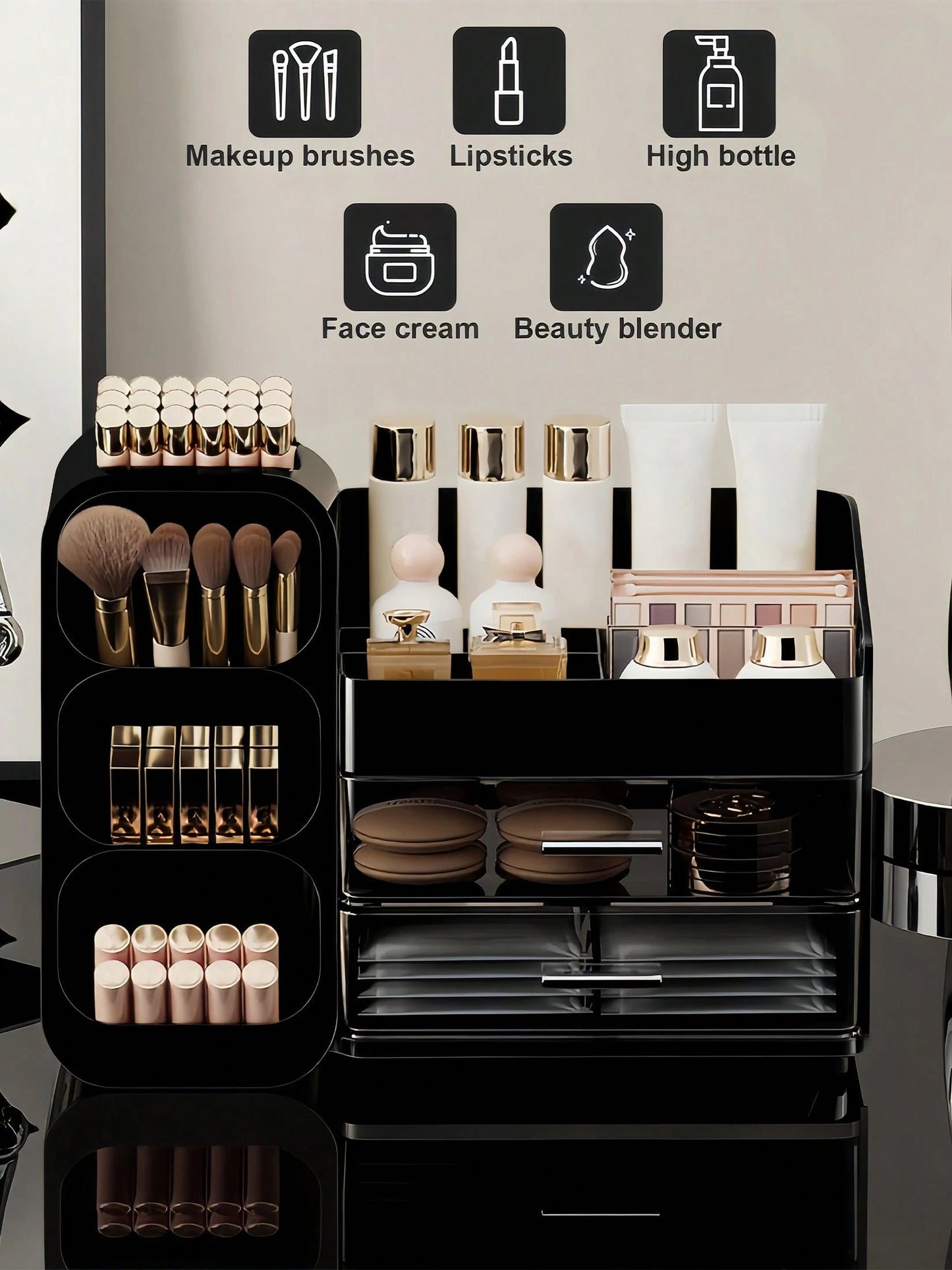 Makeup Organizer With Brush Holder, Drawers, Countertop Storage Organizer, Makeup Organizer Cosmetic Storage For Vanity, Makeup Brushes Storage, Skin Care Storage, Perfect Storage For Lipsticks, Eyesh