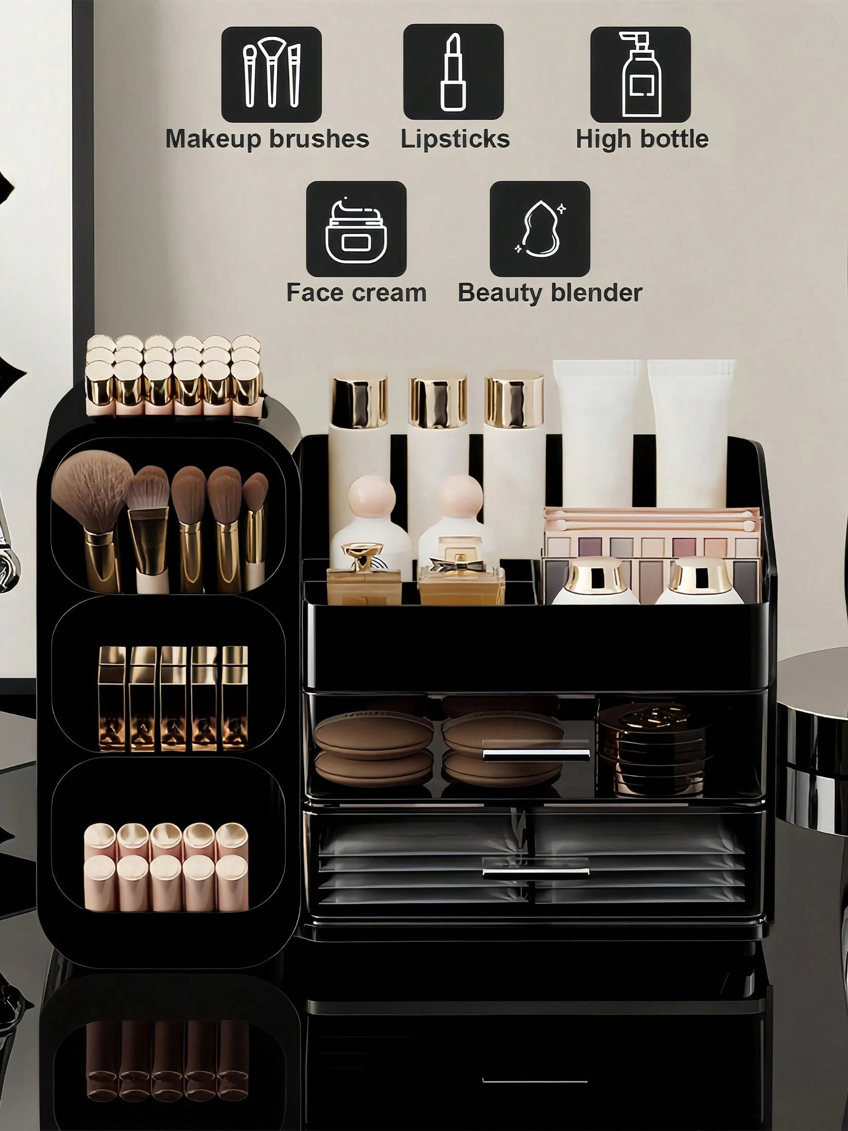 Makeup Organizer With Brush Holder, Drawers, Countertop Storage Organizer, Makeup Organizer Cosmetic Storage For Vanity, Makeup Brushes Storage, Skin Care Storage, Perfect Storage For Lipsticks, Eyesh