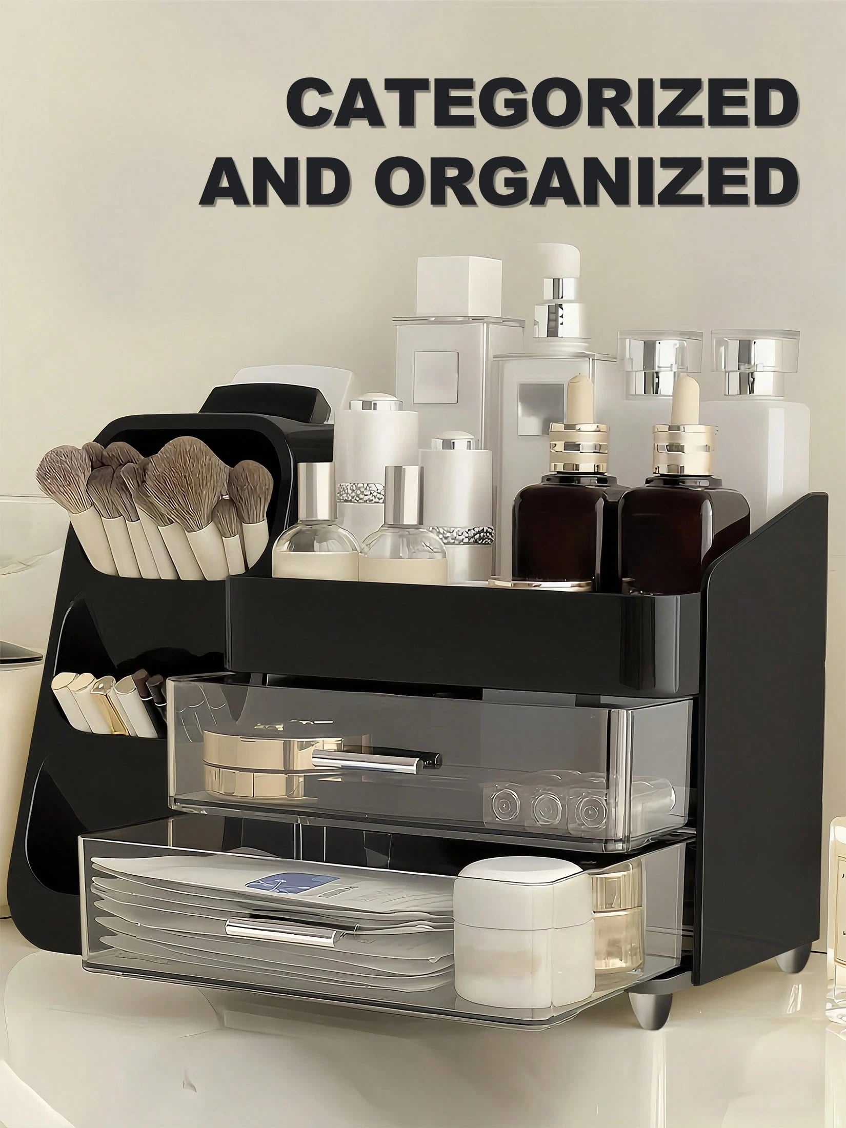 Makeup Organizer With Brush Holder, Drawers, Countertop Storage Organizer, Makeup Organizer Cosmetic Storage For Vanity, Makeup Brushes Storage, Skin Care Storage, Perfect Storage For Lipsticks, Eyesh