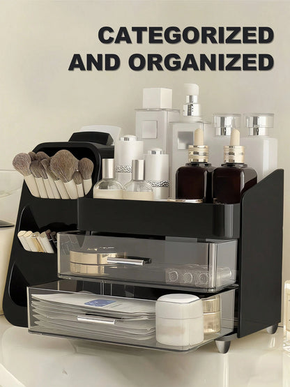 Makeup Organizer With Brush Holder, Drawers, Countertop Storage Organizer, Makeup Organizer Cosmetic Storage For Vanity, Makeup Brushes Storage, Skin Care Storage, Perfect Storage For Lipsticks, Eyesh