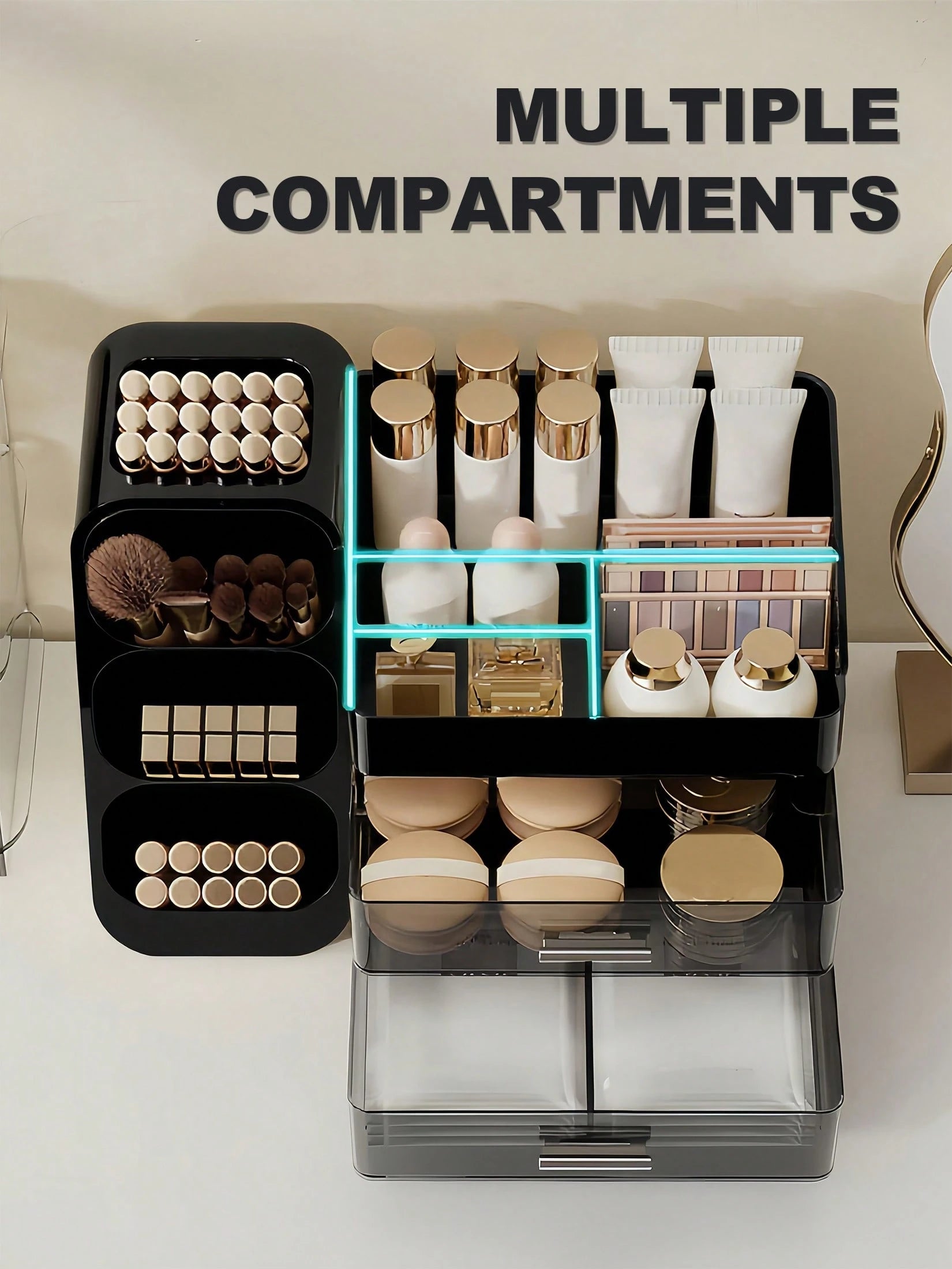 Makeup Organizer With Brush Holder, Drawers, Countertop Storage Organizer, Makeup Organizer Cosmetic Storage For Vanity, Makeup Brushes Storage, Skin Care Storage, Perfect Storage For Lipsticks, Eyesh