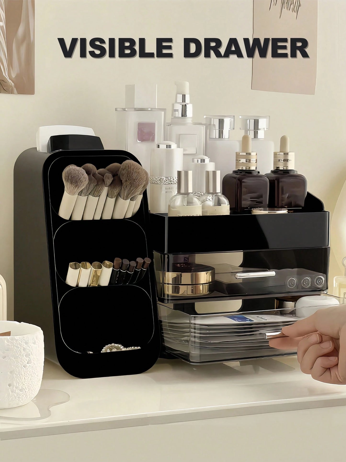 Makeup Organizer With Brush Holder, Drawers, Countertop Storage Organizer, Makeup Organizer Cosmetic Storage For Vanity, Makeup Brushes Storage, Skin Care Storage, Perfect Storage For Lipsticks, Eyesh
