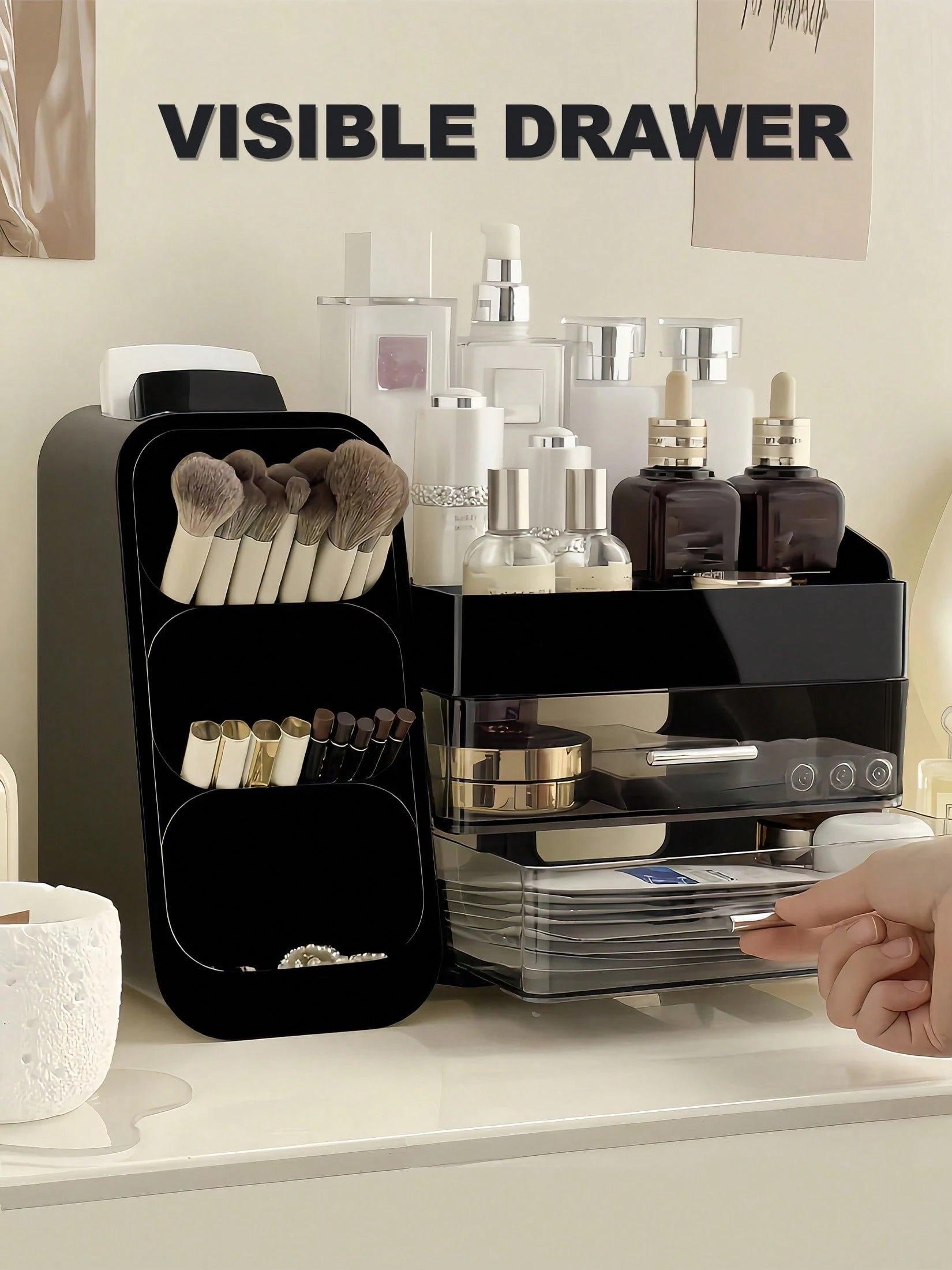 Makeup Organizer With Brush Holder, Drawers, Countertop Storage Organizer, Makeup Organizer Cosmetic Storage For Vanity, Makeup Brushes Storage, Skin Care Storage, Perfect Storage For Lipsticks, Eyesh