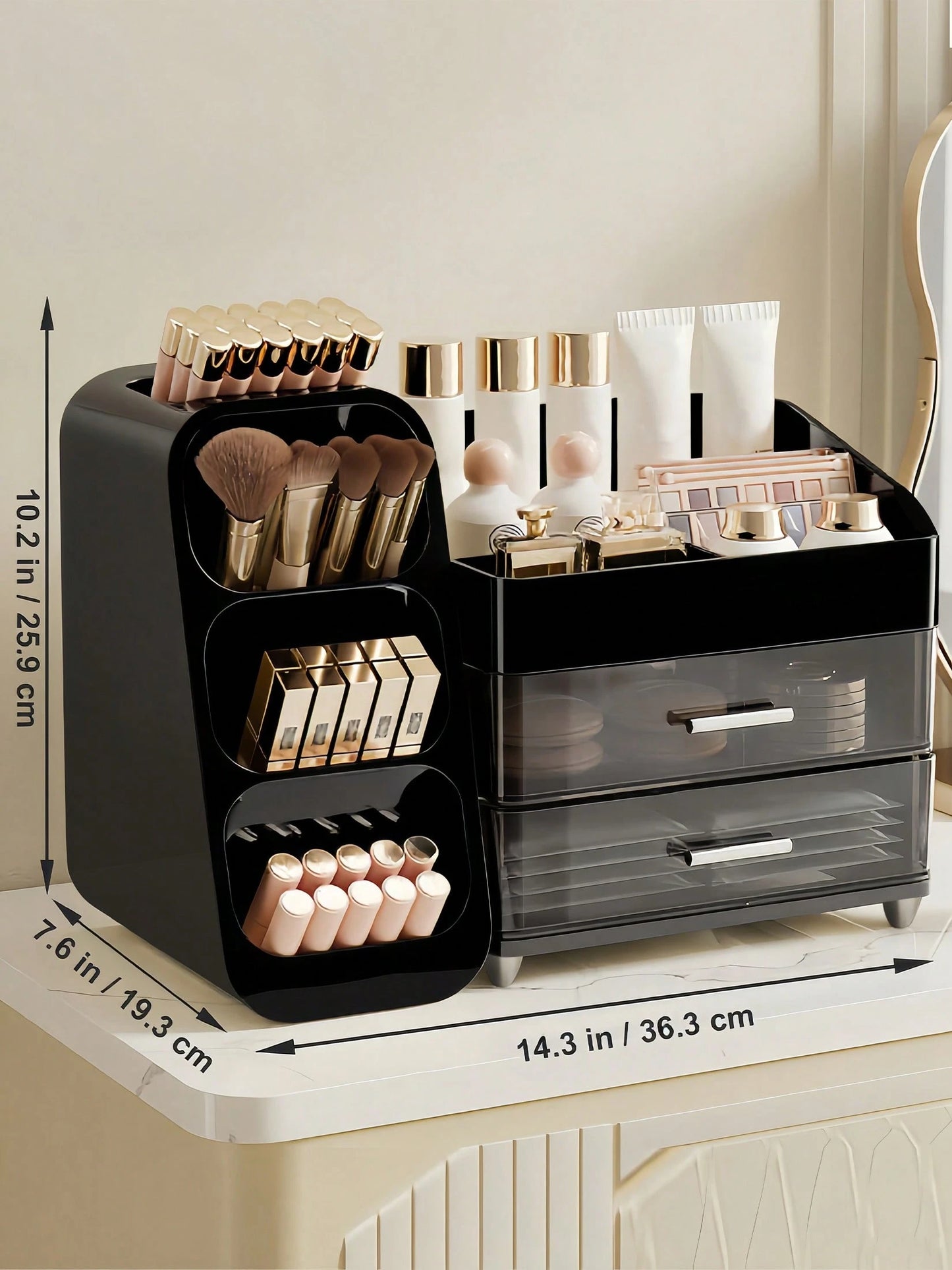 Makeup Organizer With Brush Holder, Drawers, Countertop Storage Organizer, Makeup Organizer Cosmetic Storage For Vanity, Makeup Brushes Storage, Skin Care Storage, Perfect Storage For Lipsticks, Eyesh