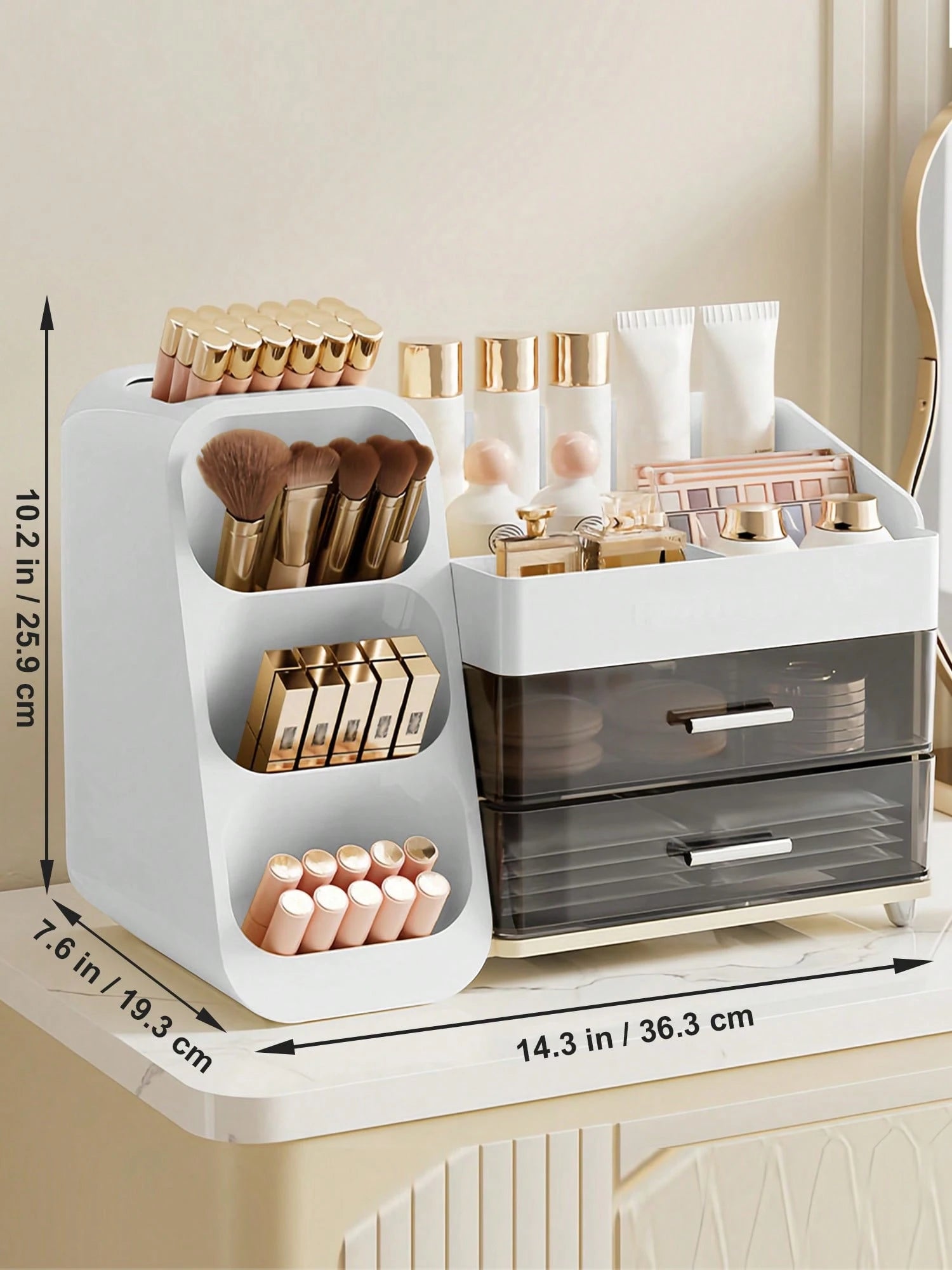 Makeup Organizer With Brush Holder, Drawers, Countertop Storage Organizer, Makeup Organizer Cosmetic Storage For Vanity, Makeup Brushes Storage, Skin Care Storage, Perfect Storage For Lipsticks, Eyesh