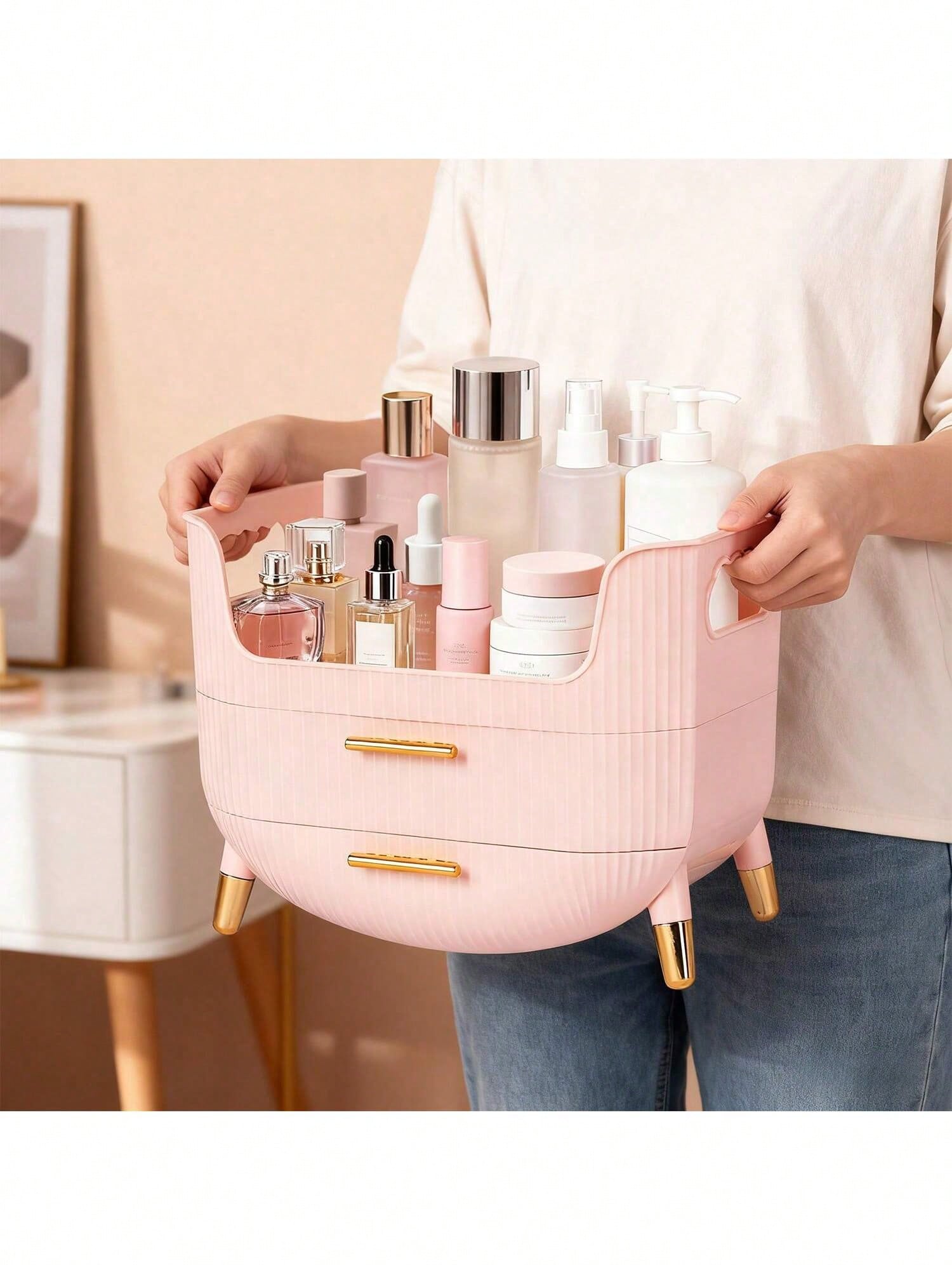 Makeup Organizer With Drawers,Skincare Plastic Storage For Vanity,Large Cosmetic Display Case For Dresser With Handle,Large Capacity Bathroom Countertop