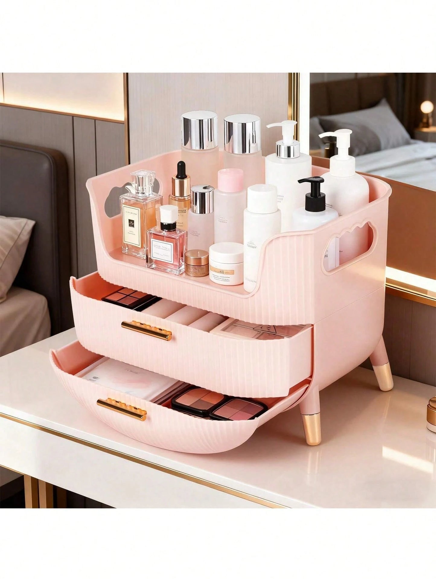 Makeup Organizer With Drawers,Skincare Plastic Storage For Vanity,Large Cosmetic Display Case For Dresser With Handle,Large Capacity Bathroom Countertop