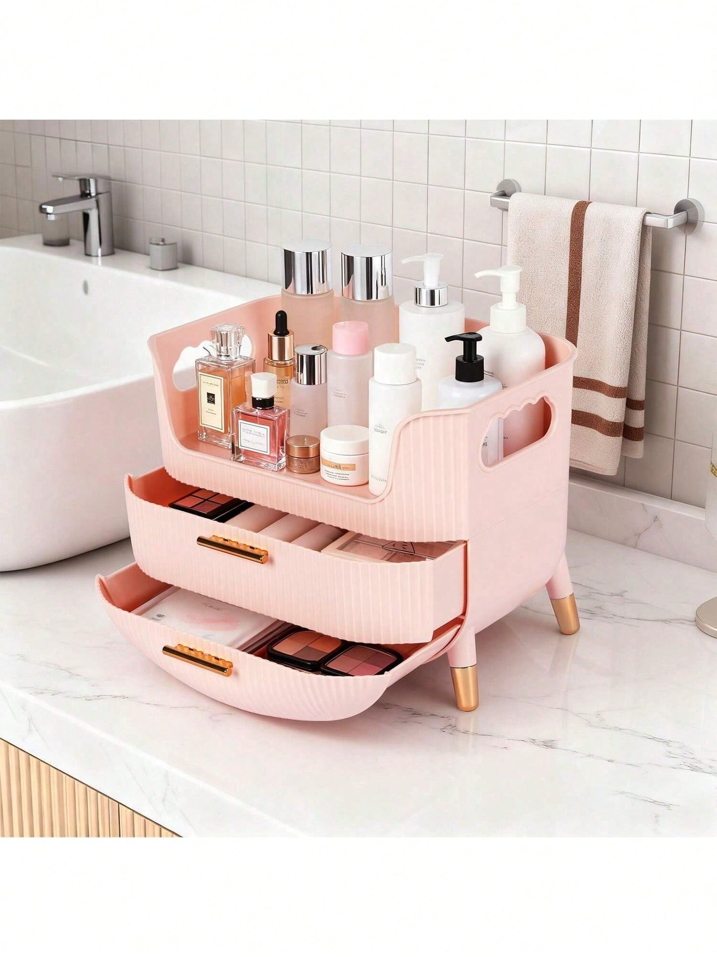 Makeup Organizer With Drawers,Skincare Plastic Storage For Vanity,Large Cosmetic Display Case For Dresser With Handle,Large Capacity Bathroom Countertop