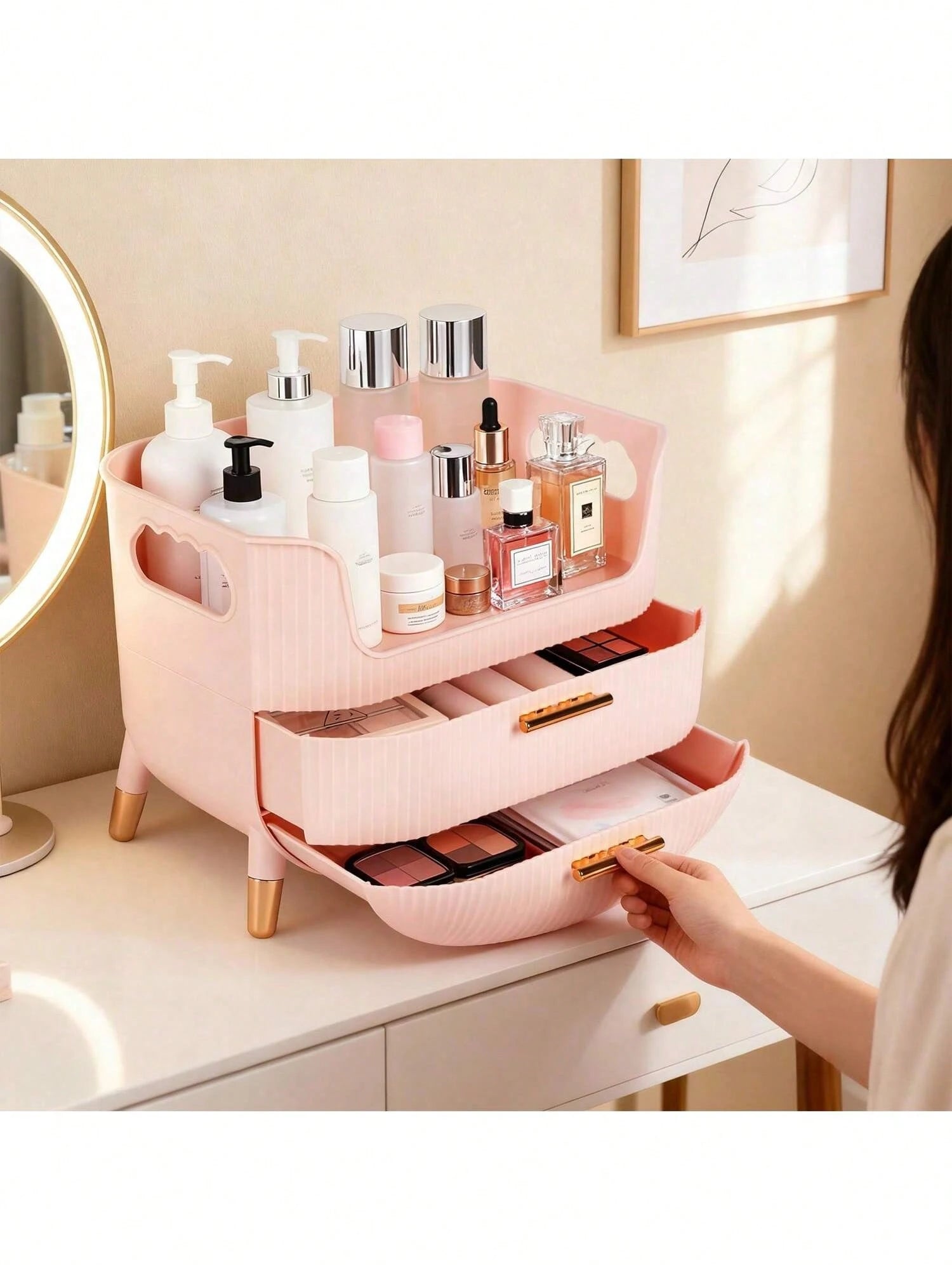 Makeup Organizer With Drawers,Skincare Plastic Storage For Vanity,Large Cosmetic Display Case For Dresser With Handle,Large Capacity Bathroom Countertop