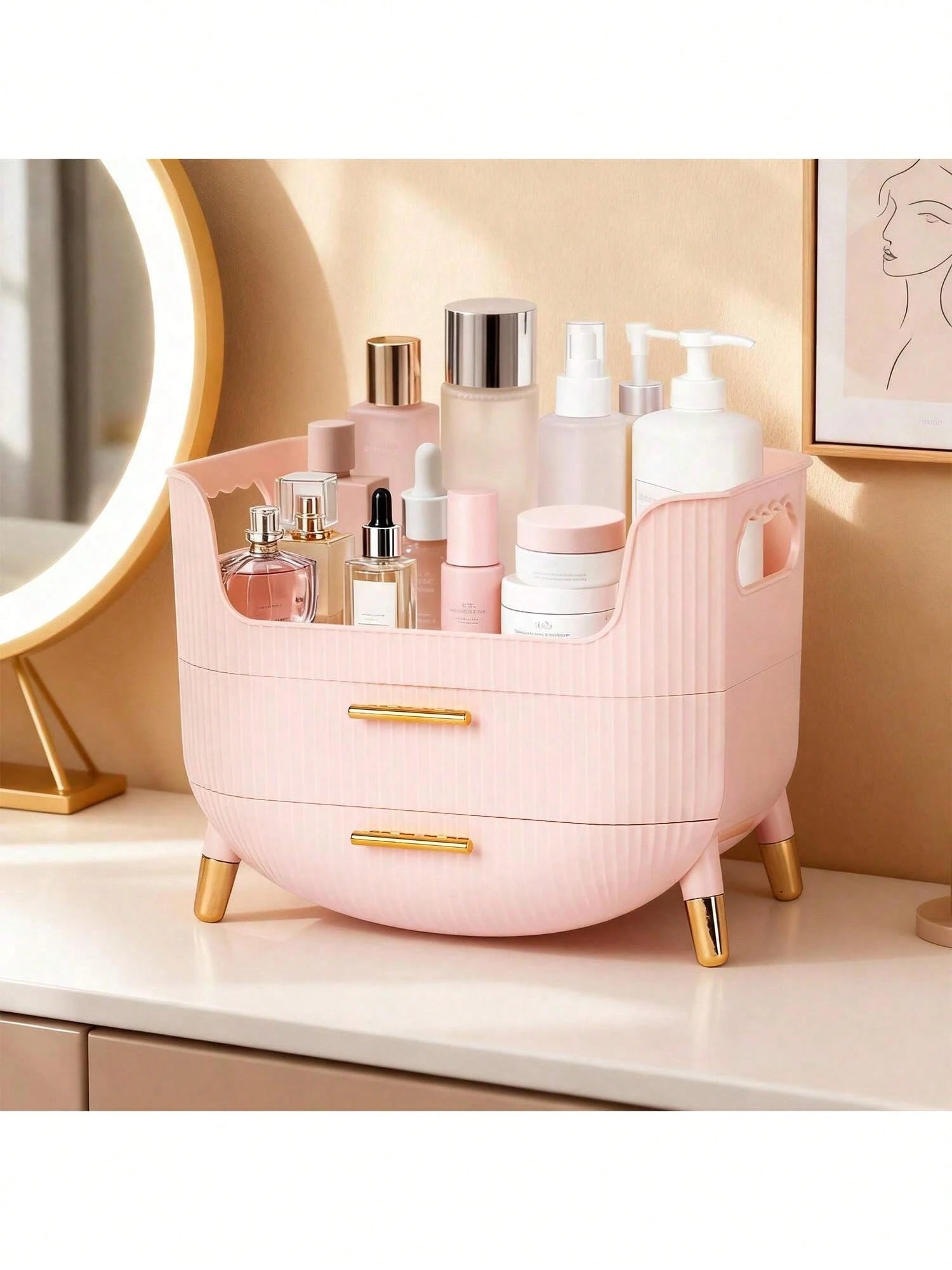 Makeup Organizer With Drawers,Skincare Plastic Storage For Vanity,Large Cosmetic Display Case For Dresser With Handle,Large Capacity Bathroom Countertop