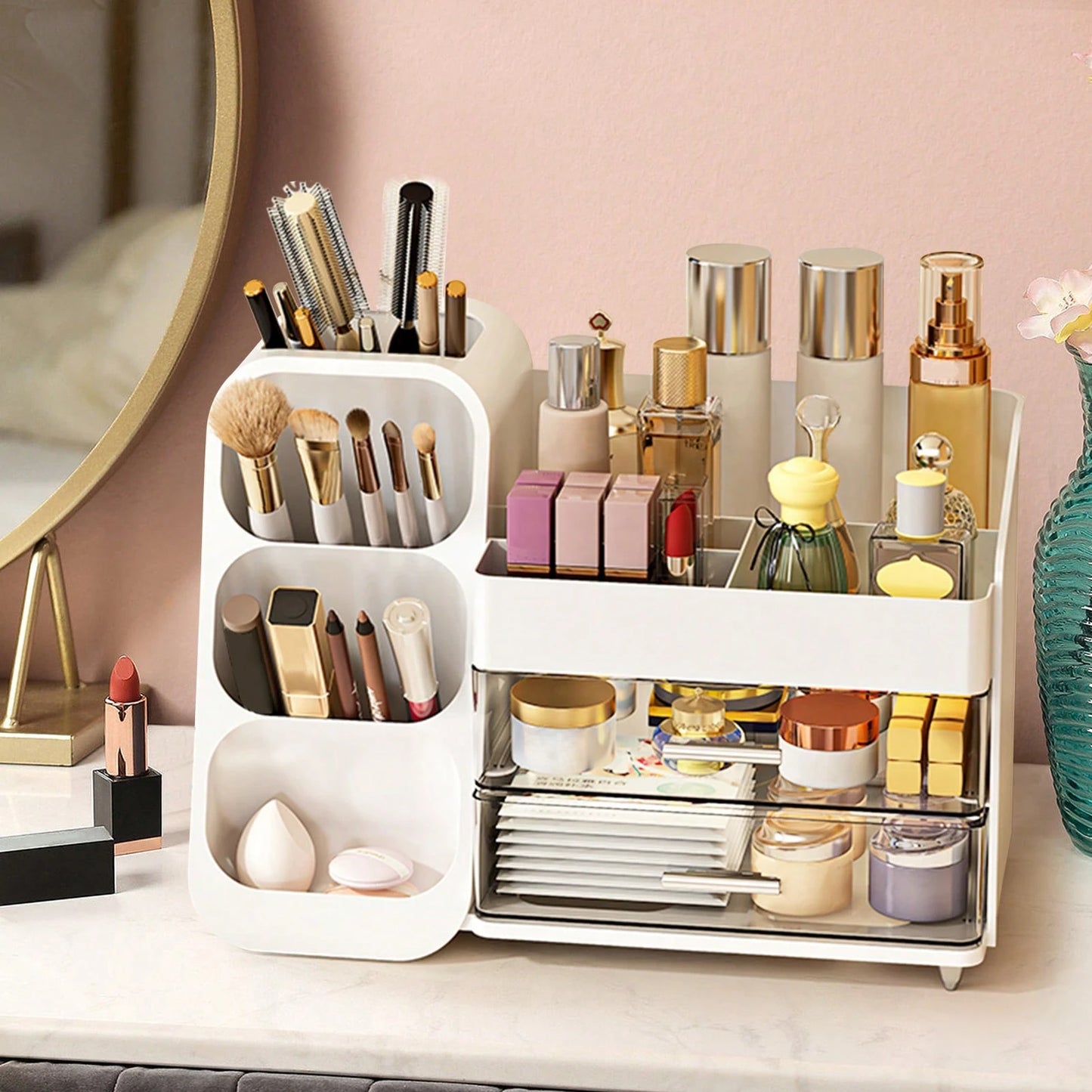 Makeup Organizer With Drawers, Combination Large Capacity Countertop Organizer For Vanity, Bathroom And Bedroom Desk Cosmetics Organizer, Easy To Storage Skincare, Brushes, Eyeshadow, Lotions, Lipstic
