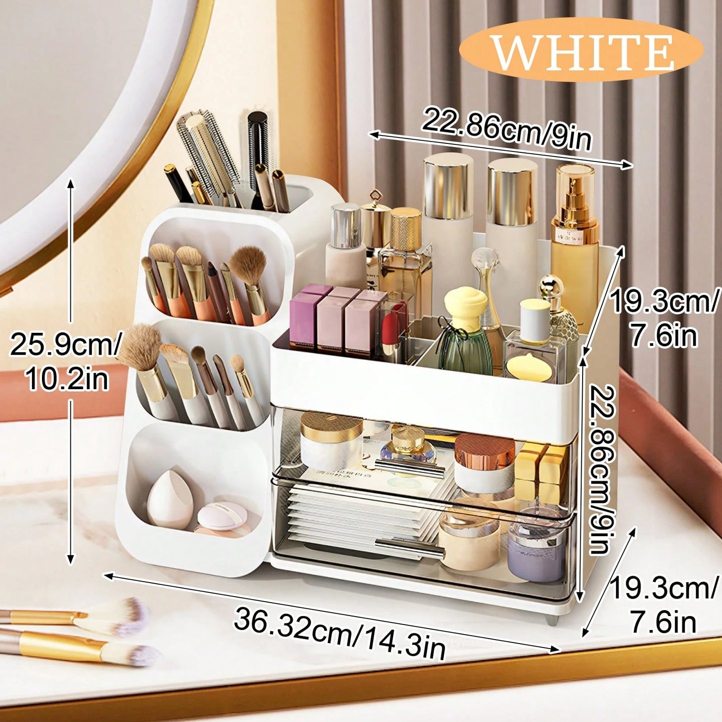 Makeup Organizer With Drawers, Combination Large Capacity Countertop Organizer For Vanity, Bathroom And Bedroom Desk Cosmetics Organizer, Easy To Storage Skincare, Brushes, Eyeshadow, Lotions, Lipstic
