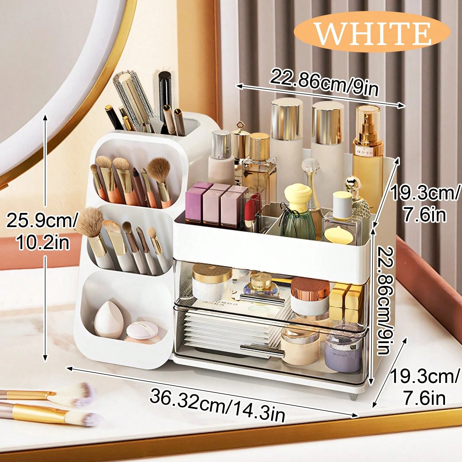 Makeup Organizer With Drawers, Combination Large Capacity Countertop Organizer For Vanity, Bathroom And Bedroom Desk Cosmetics Organizer, Easy To Storage Skincare, Brushes, Eyeshadow, Lotions, Lipstic