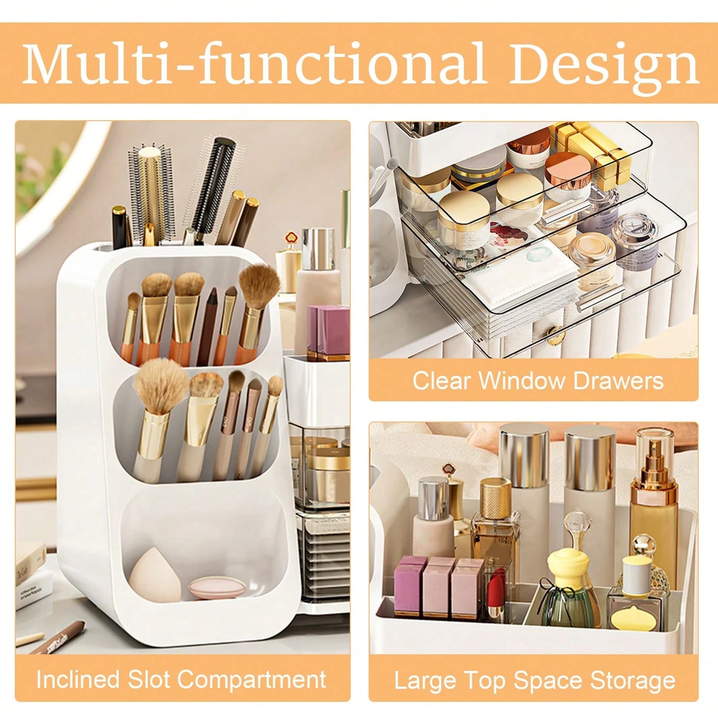 Makeup Organizer With Drawers, Combination Large Capacity Countertop Organizer For Vanity, Bathroom And Bedroom Desk Cosmetics Organizer, Easy To Storage Skincare, Brushes, Eyeshadow, Lotions, Lipstic