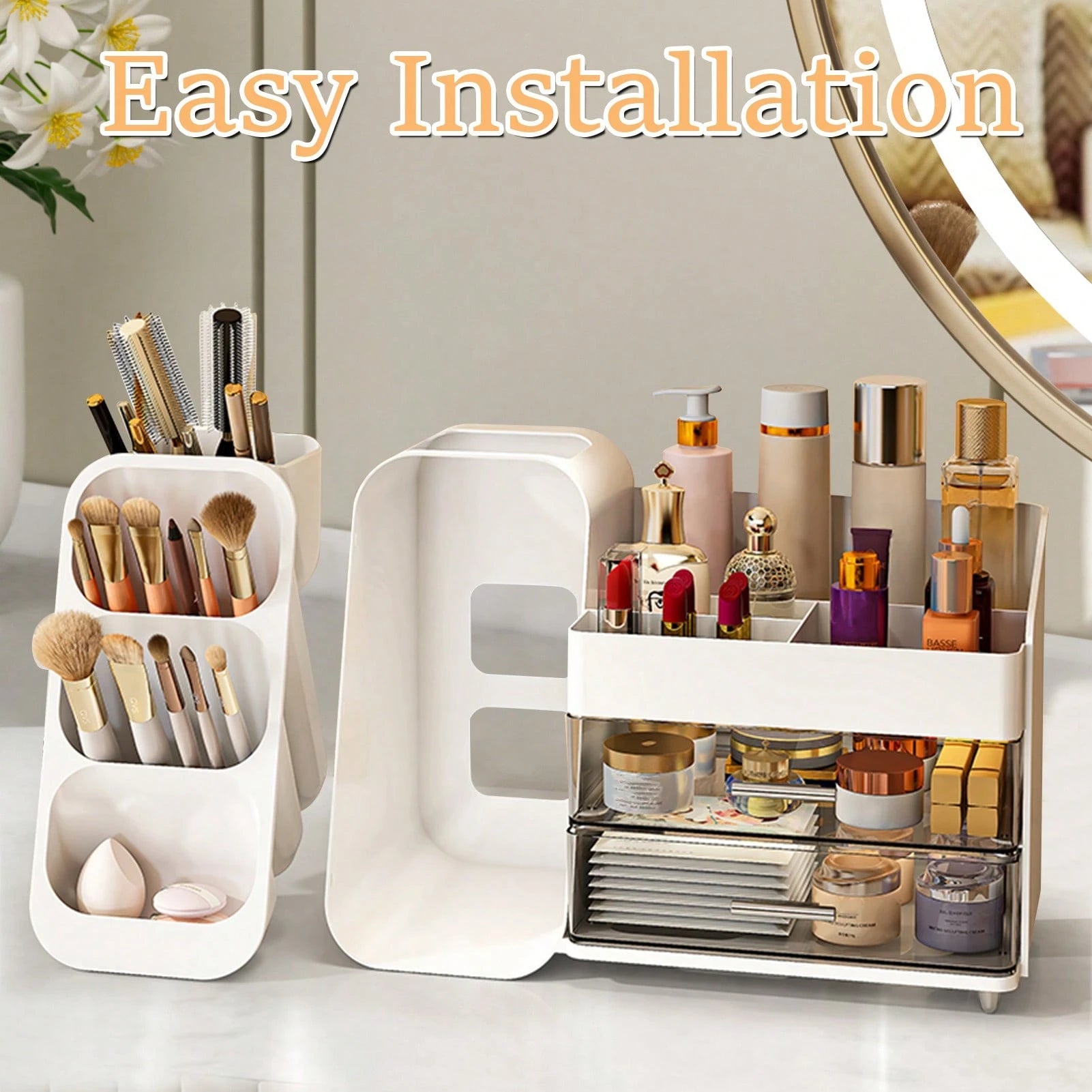 Makeup Organizer With Drawers, Combination Large Capacity Countertop Organizer For Vanity, Bathroom And Bedroom Desk Cosmetics Organizer, Easy To Storage Skincare, Brushes, Eyeshadow, Lotions, Lipstic
