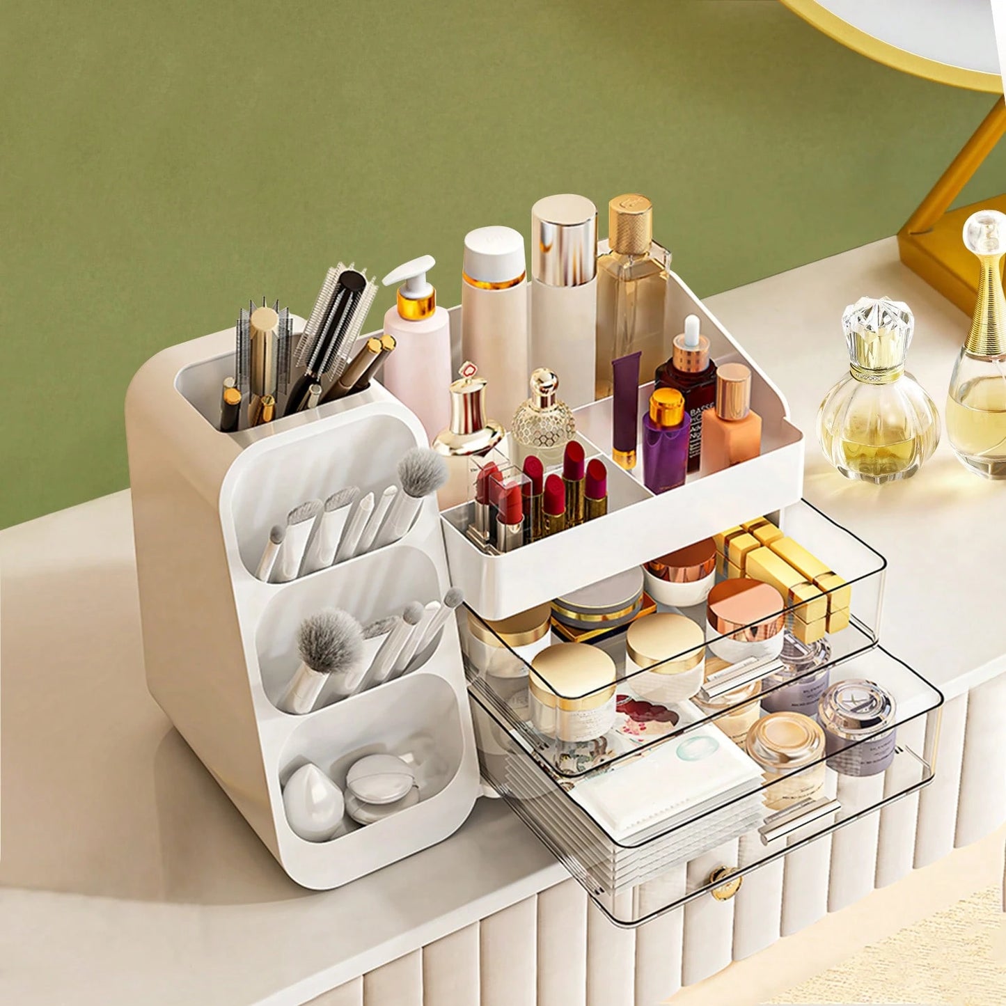 Makeup Organizer With Drawers, Combination Large Capacity Countertop Organizer For Vanity, Bathroom And Bedroom Desk Cosmetics Organizer, Easy To Storage Skincare, Brushes, Eyeshadow, Lotions, Lipstic