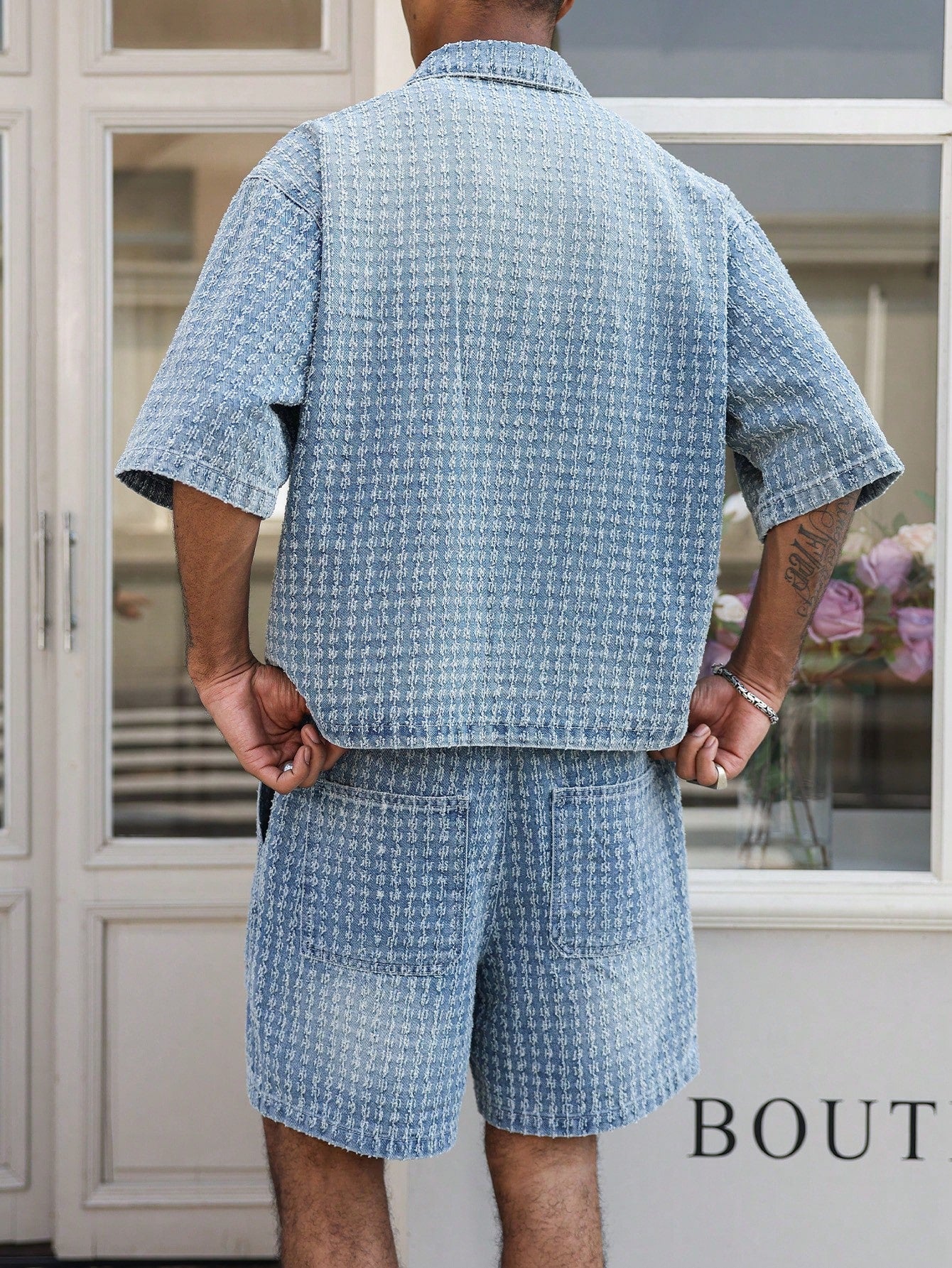 Manfinity EMRG Men's Street Style Casual Crochet Blue Denim Short Sleeve Shorts Set