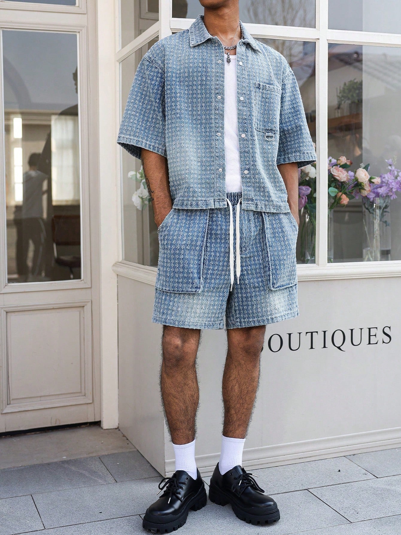 Manfinity EMRG Men's Street Style Casual Crochet Blue Denim Short Sleeve Shorts Set