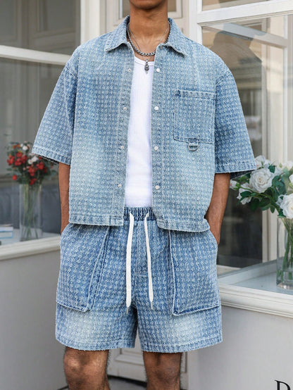 Manfinity EMRG Men's Street Style Casual Crochet Blue Denim Short Sleeve Shorts Set