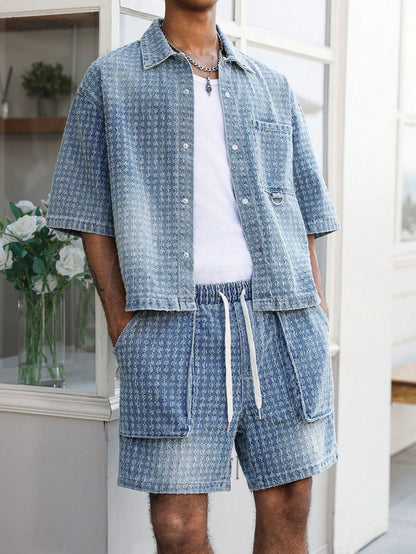 Manfinity EMRG Men's Street Style Casual Crochet Blue Denim Short Sleeve Shorts Set