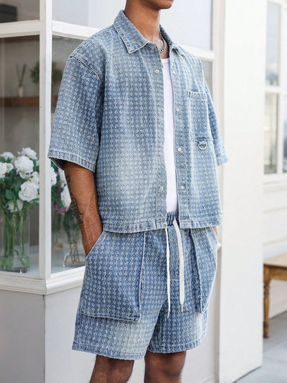 Manfinity EMRG Men's Street Style Casual Crochet Blue Denim Short Sleeve Shorts Set