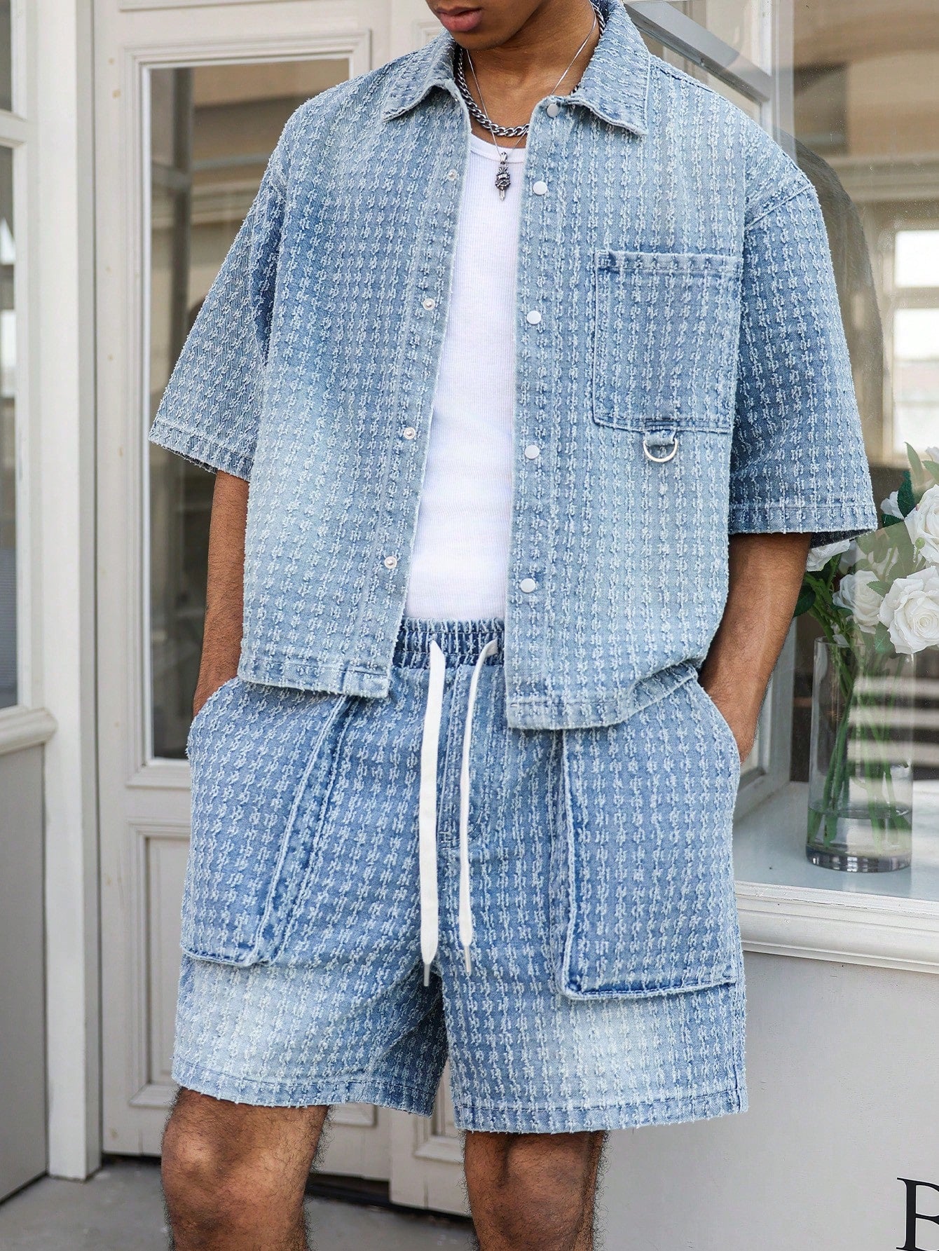 Manfinity EMRG Men's Street Style Casual Crochet Blue Denim Short Sleeve Shorts Set