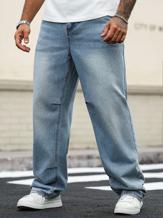Manfinity Homme Plus Size Men's Casual Loose Fit Light Blue Denim Jeans Baggy Jeans Man Oversize Jeans Men