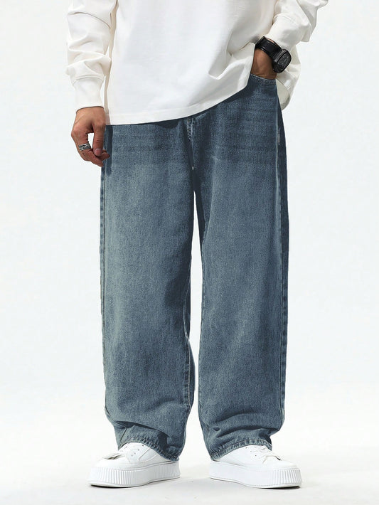 Manfinity Hypemode Plus Size Men Straight Leg Pockets Minimalist Casual Denim Jeans,Plain Long Distressed Baggy Light Blue Cargo Jeans,Summer,Evening Tropical Vacation