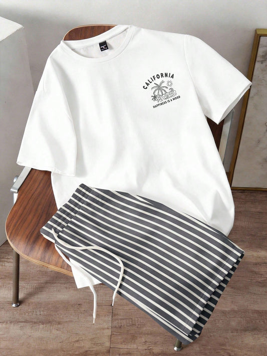 Manfinity Joysei Men's Plus Size T-Shirt And Striped Shorts Set