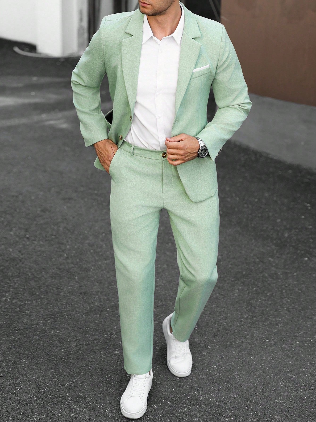 Manfinity Mode Men's Solid Color Casual Business Suit Set, Pocket Design, Suitable For Daily Commute, Relaxed Work Environment Or Semi-Formal Occasions, Also An Ideal Gift For Boyfriend And Husband