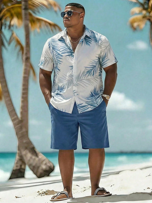 Manfinity RSRT Plus Size Men's Tropical Plant Print Short Sleeve Shirt And Shorts Beach Outfit