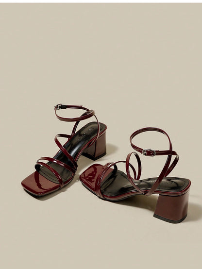 ManLuZi Women's Burgundy Strappy Peep Toe Platform Chunky Heel Sandals, Lace-Up Summer Shoes