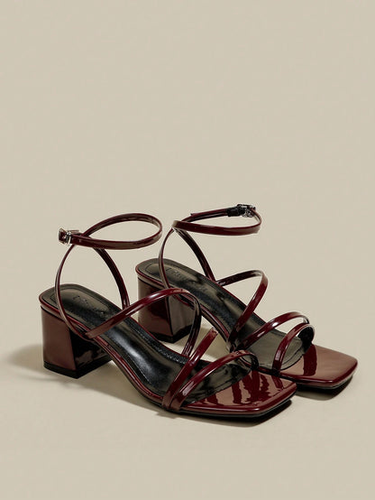 ManLuZi Women's Burgundy Strappy Peep Toe Platform Chunky Heel Sandals, Lace-Up Summer Shoes