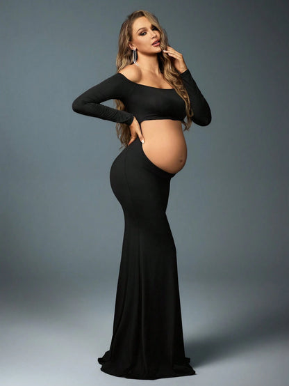 MaterniChic 1 Set Maternity Photoshoot Off Shoulder Long Sleeve Top And Elastic Waist Mermaid Skirt, Suitable For Photography, Portrait, Black