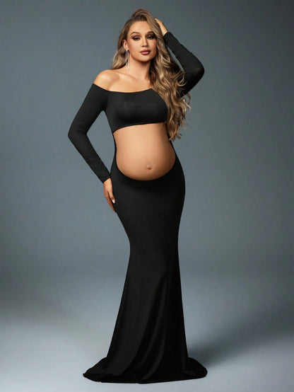 MaterniChic 1 Set Maternity Photoshoot Off Shoulder Long Sleeve Top And Elastic Waist Mermaid Skirt, Suitable For Photography, Portrait, Black
