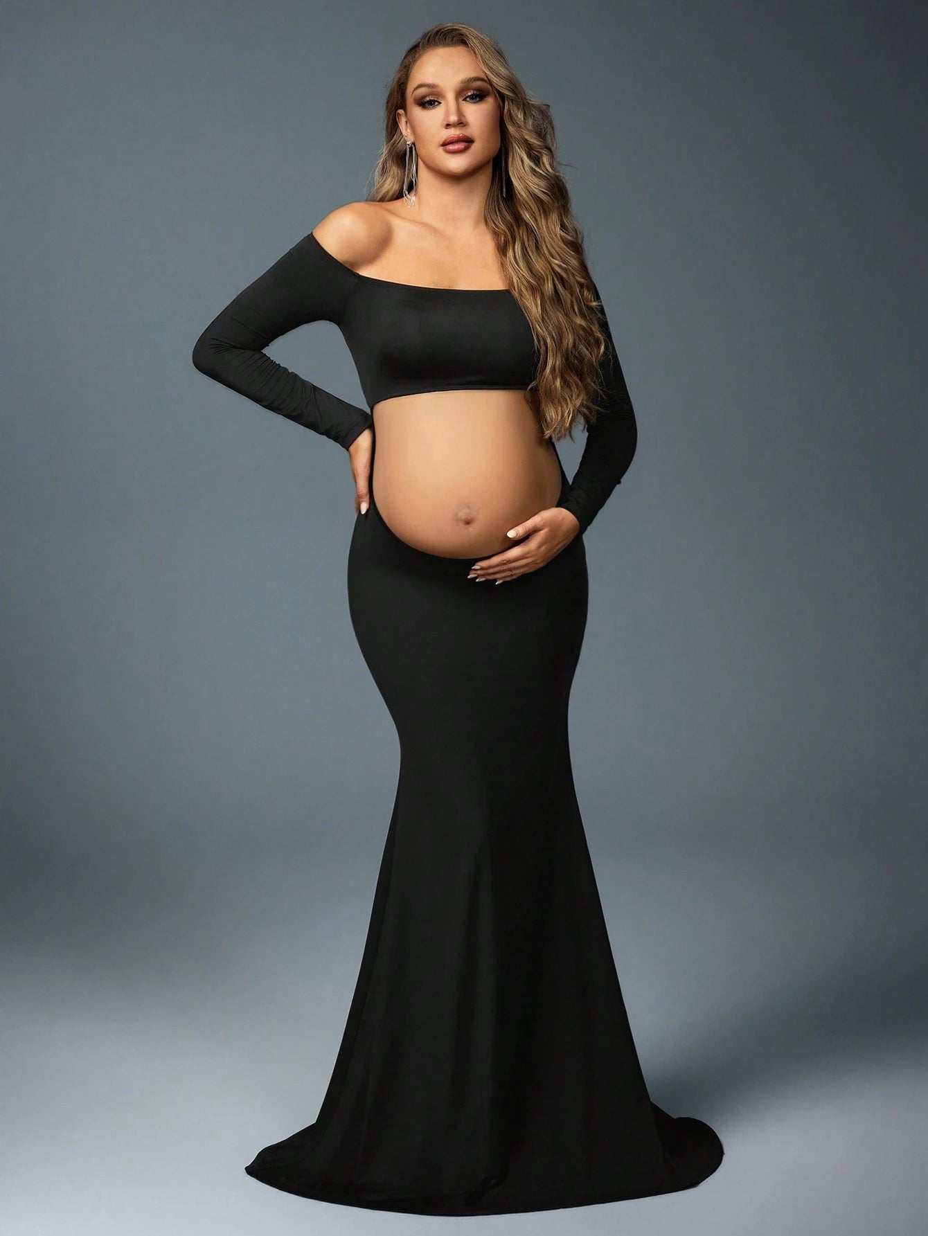 MaterniChic 1 Set Maternity Photoshoot Off Shoulder Long Sleeve Top And Elastic Waist Mermaid Skirt, Suitable For Photography, Portrait, Black