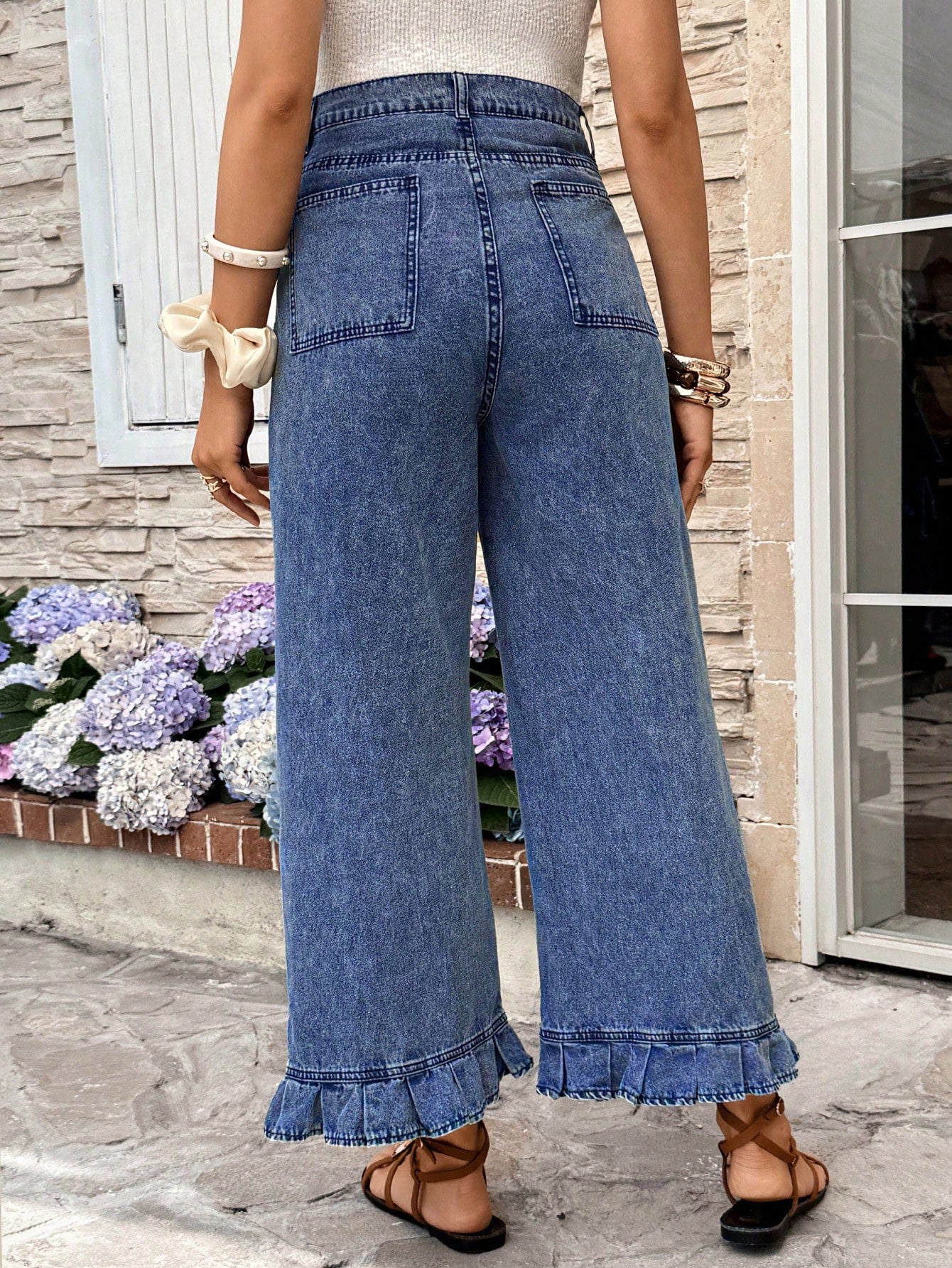 Maternity Dusty Blue Summer Casual Everyday High Waist Pleated Ruffle Hem Loose Fit Jeans,Chic Y2k Streetwear Versatile Vacation Commute Graduation
