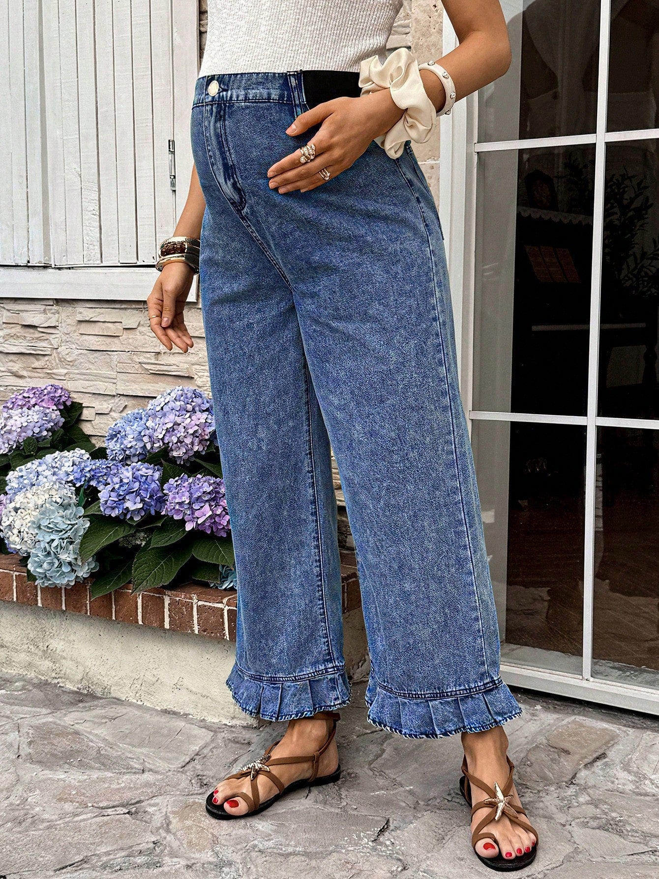 Maternity Dusty Blue Summer Casual Everyday High Waist Pleated Ruffle Hem Loose Fit Jeans,Chic Y2k Streetwear Versatile Vacation Commute Graduation