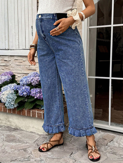 Maternity Dusty Blue Summer Casual Everyday High Waist Pleated Ruffle Hem Loose Fit Jeans,Chic Y2k Streetwear Versatile Vacation Commute Graduation