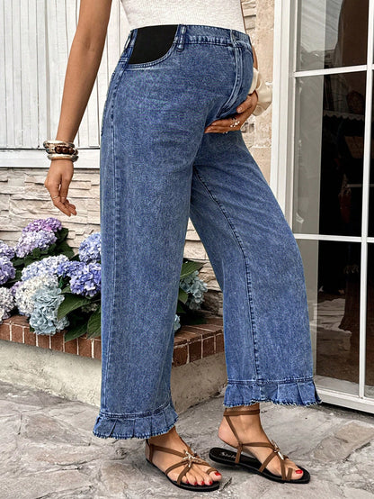 Maternity Dusty Blue Summer Casual Everyday High Waist Pleated Ruffle Hem Loose Fit Jeans,Chic Y2k Streetwear Versatile Vacation Commute Graduation