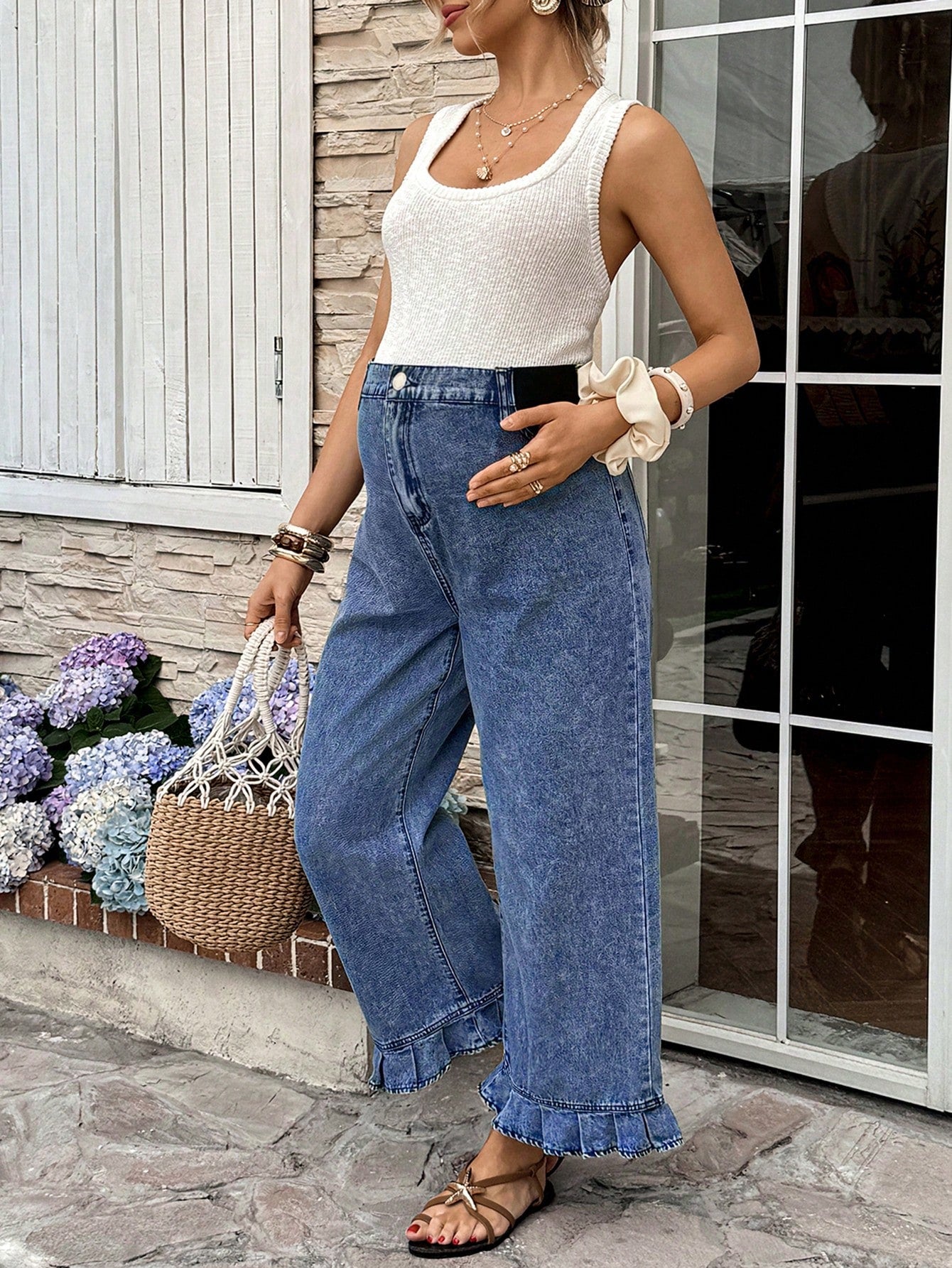 Maternity Dusty Blue Summer Casual Everyday High Waist Pleated Ruffle Hem Loose Fit Jeans,Chic Y2k Streetwear Versatile Vacation Commute Graduation
