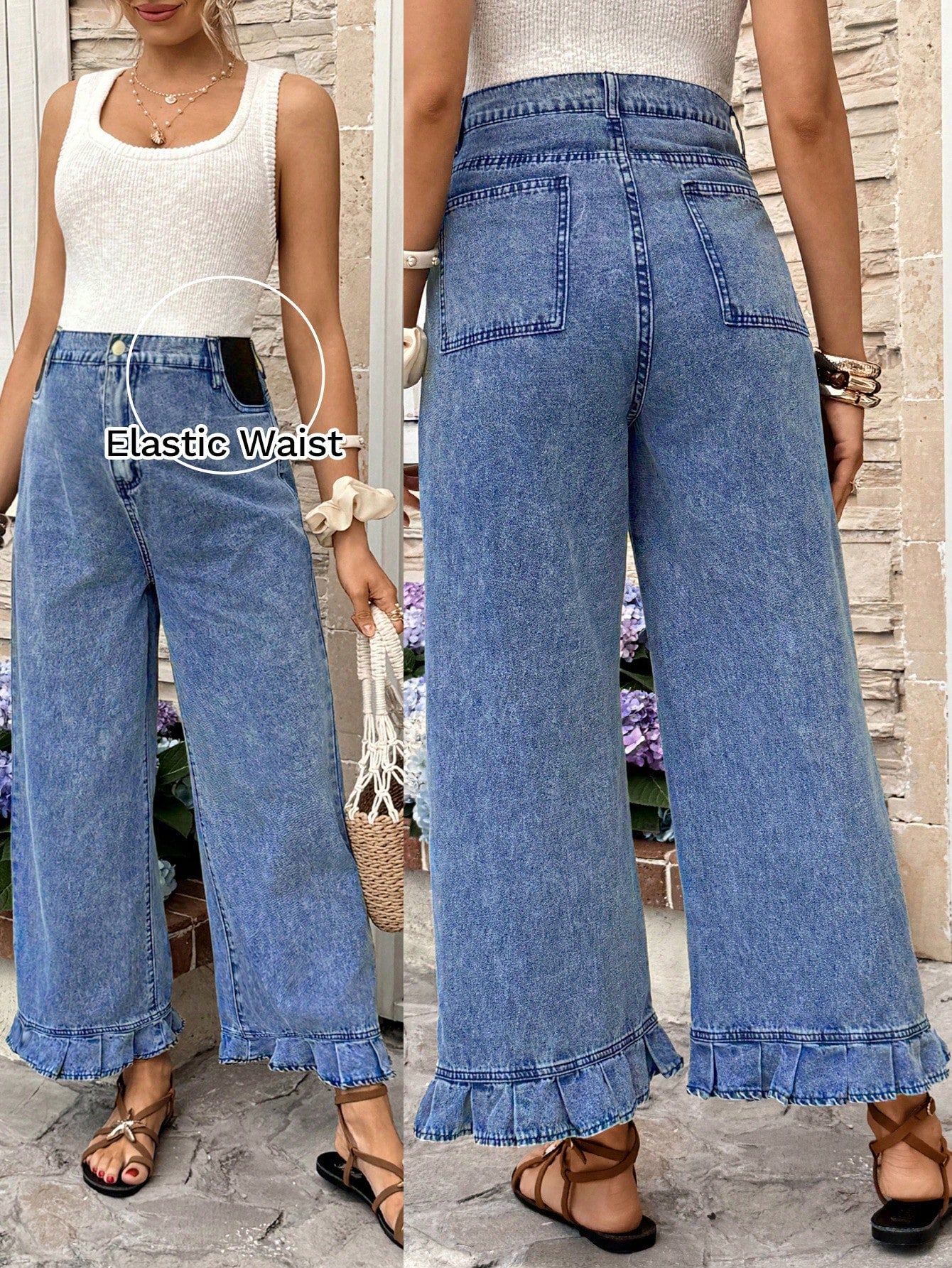 Maternity Dusty Blue Summer Casual Everyday High Waist Pleated Ruffle Hem Loose Fit Jeans,Chic Y2k Streetwear Versatile Vacation Commute Graduation