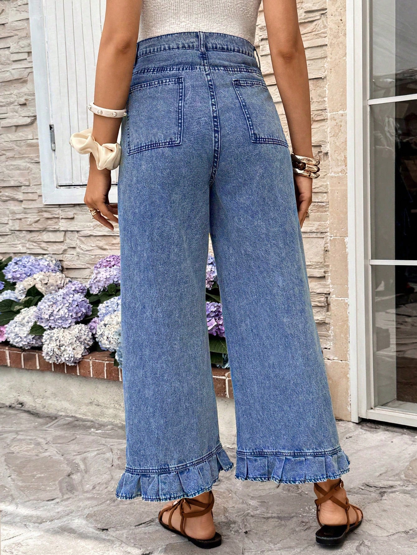 Maternity Dusty Blue Summer Casual Everyday High Waist Pleated Ruffle Hem Loose Fit Jeans,Chic Y2k Streetwear Versatile Vacation Commute Graduation