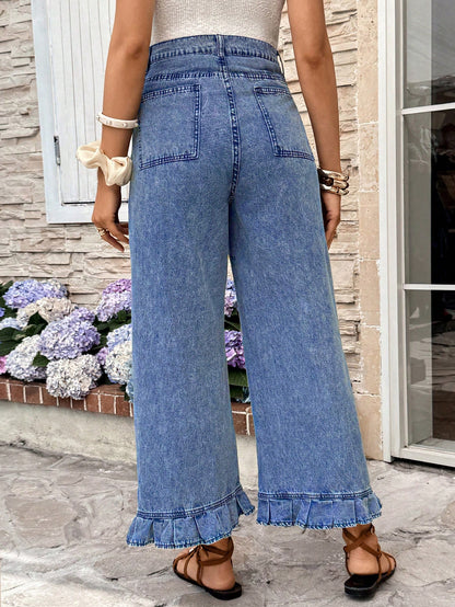 Maternity Dusty Blue Summer Casual Everyday High Waist Pleated Ruffle Hem Loose Fit Jeans,Chic Y2k Streetwear Versatile Vacation Commute Graduation