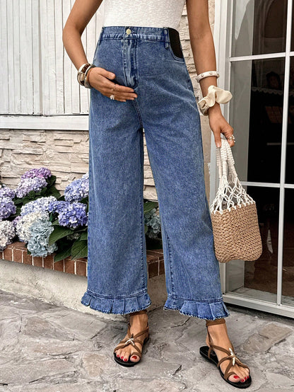 Maternity Dusty Blue Summer Casual Everyday High Waist Pleated Ruffle Hem Loose Fit Jeans,Chic Y2k Streetwear Versatile Vacation Commute Graduation