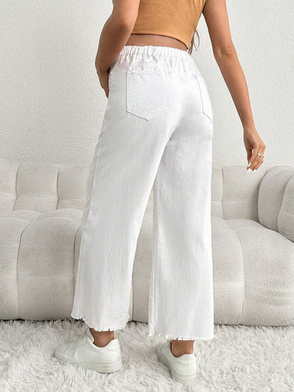 Maternity Loose White Denim Pants, Casual Wear With White Waistband, Pregnancy Jeans