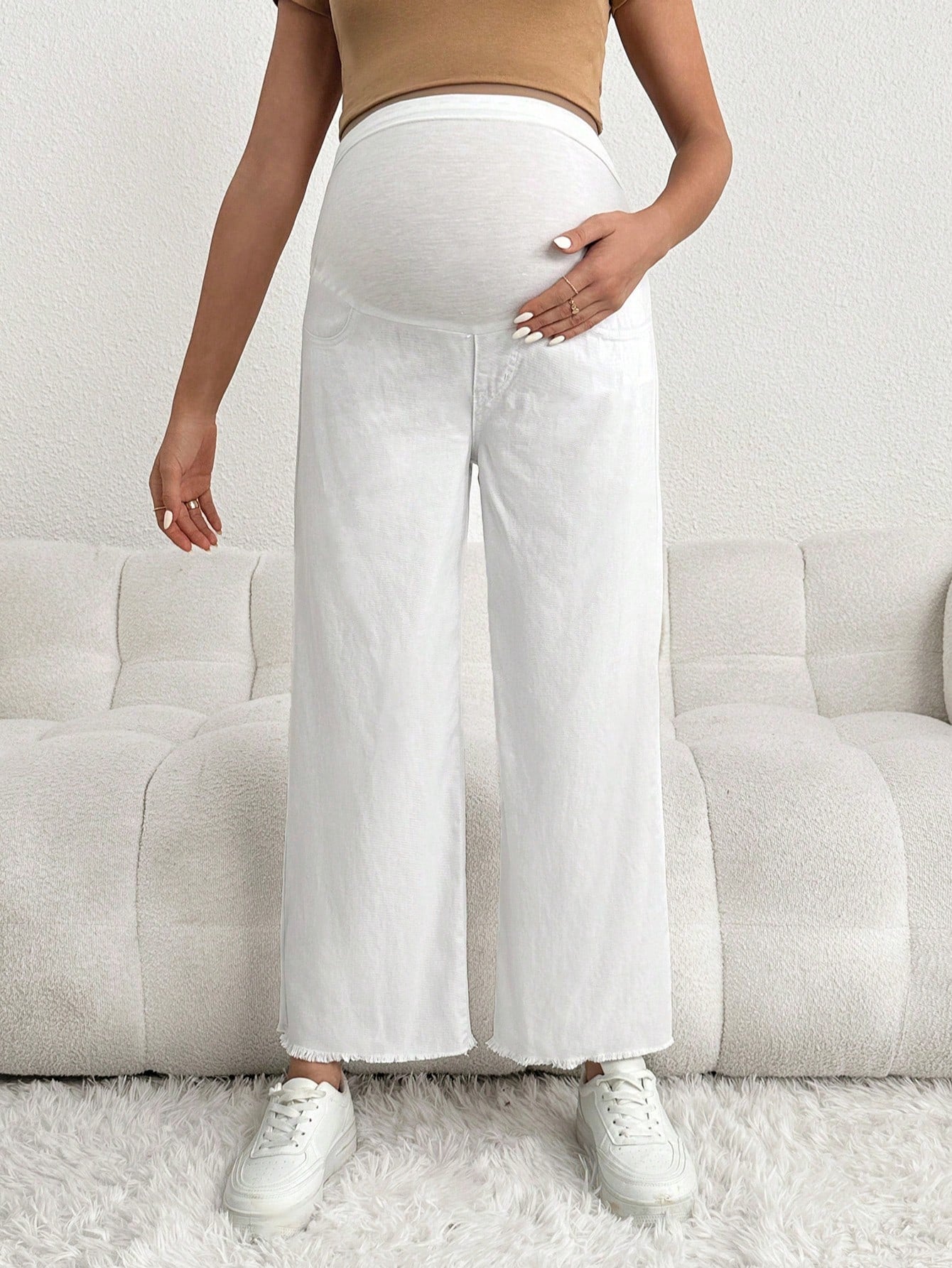 Maternity Loose White Denim Pants, Casual Wear With White Waistband, Pregnancy Jeans