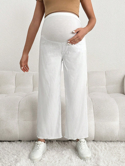 Maternity Loose White Denim Pants, Casual Wear With White Waistband, Pregnancy Jeans
