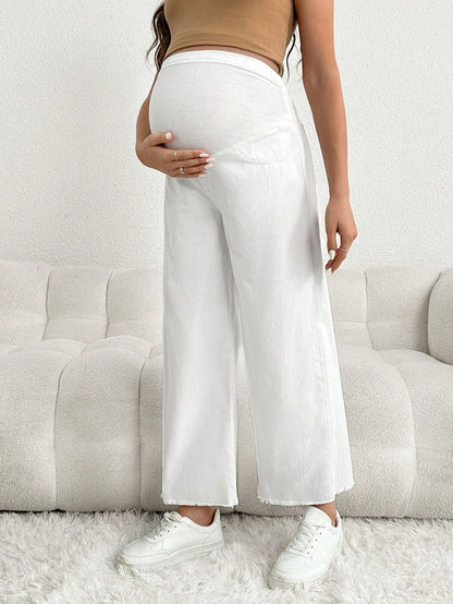 Maternity Loose White Denim Pants, Casual Wear With White Waistband, Pregnancy Jeans